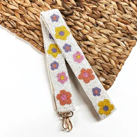 Beaded Purse Strap with Multicolor Flowers in White