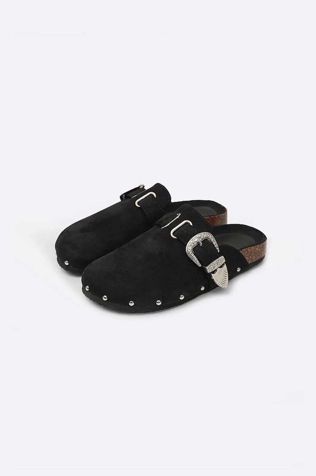 BUCKLED SUEDE CLOGS