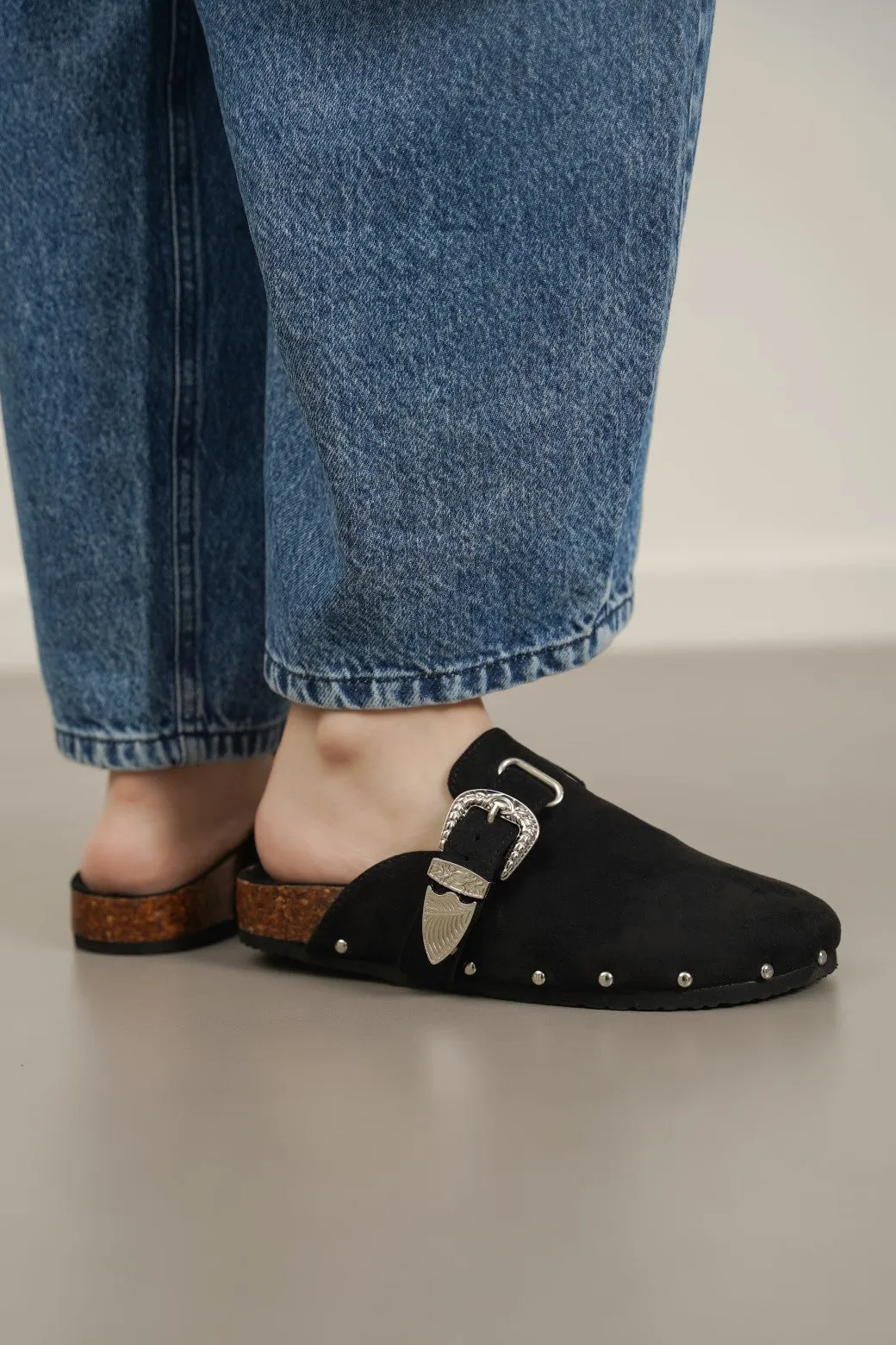 BUCKLED SUEDE CLOGS