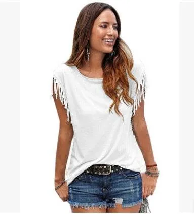 Glow Chic's Round Neck Short Sleeve Tassel T-Shirt – Soft Cotton for Effortless Style