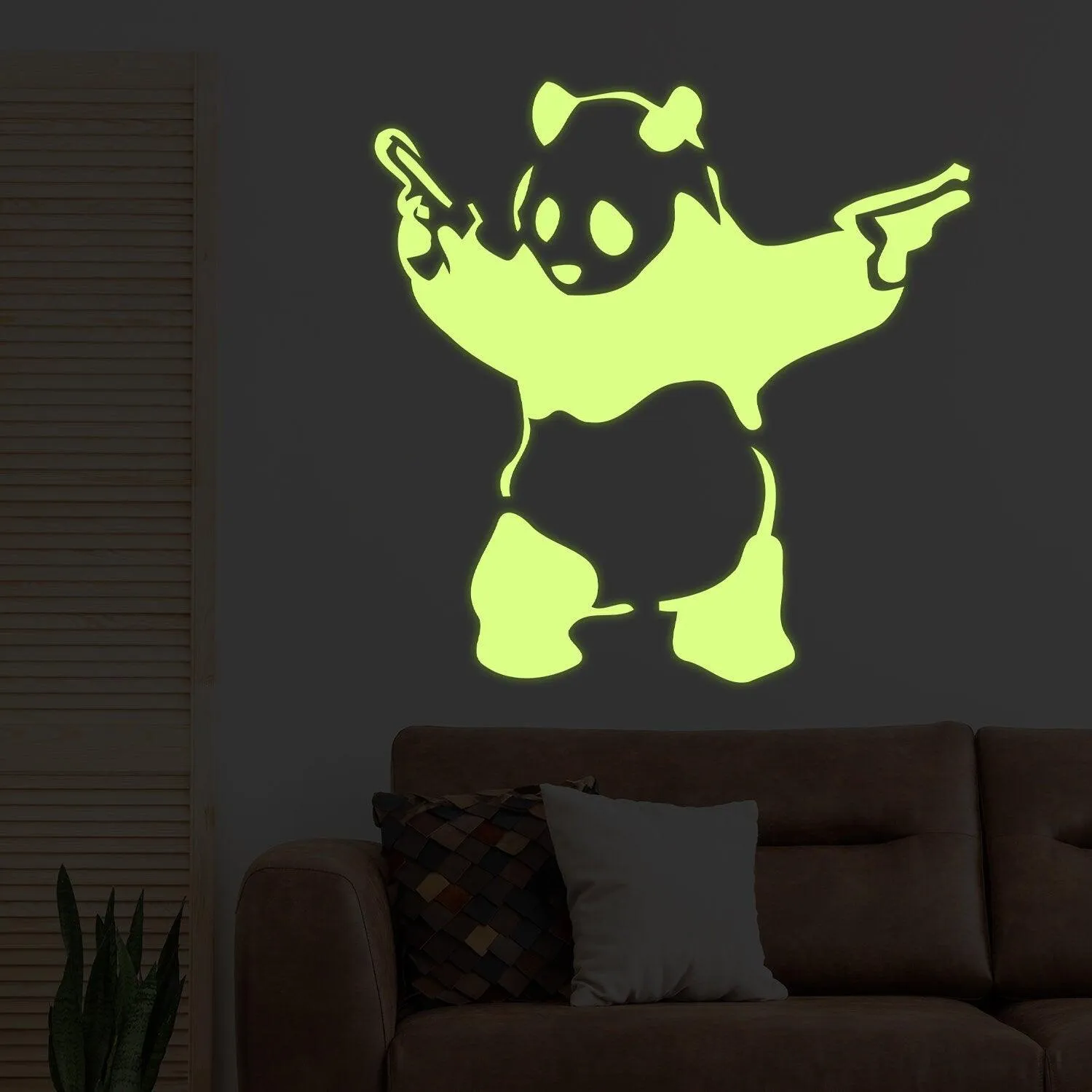 Glow In Dark Banksy Panda With Shooting Guns Wall Sticker - Night Glowing Graffiti Gun Bear Vinyl Decal