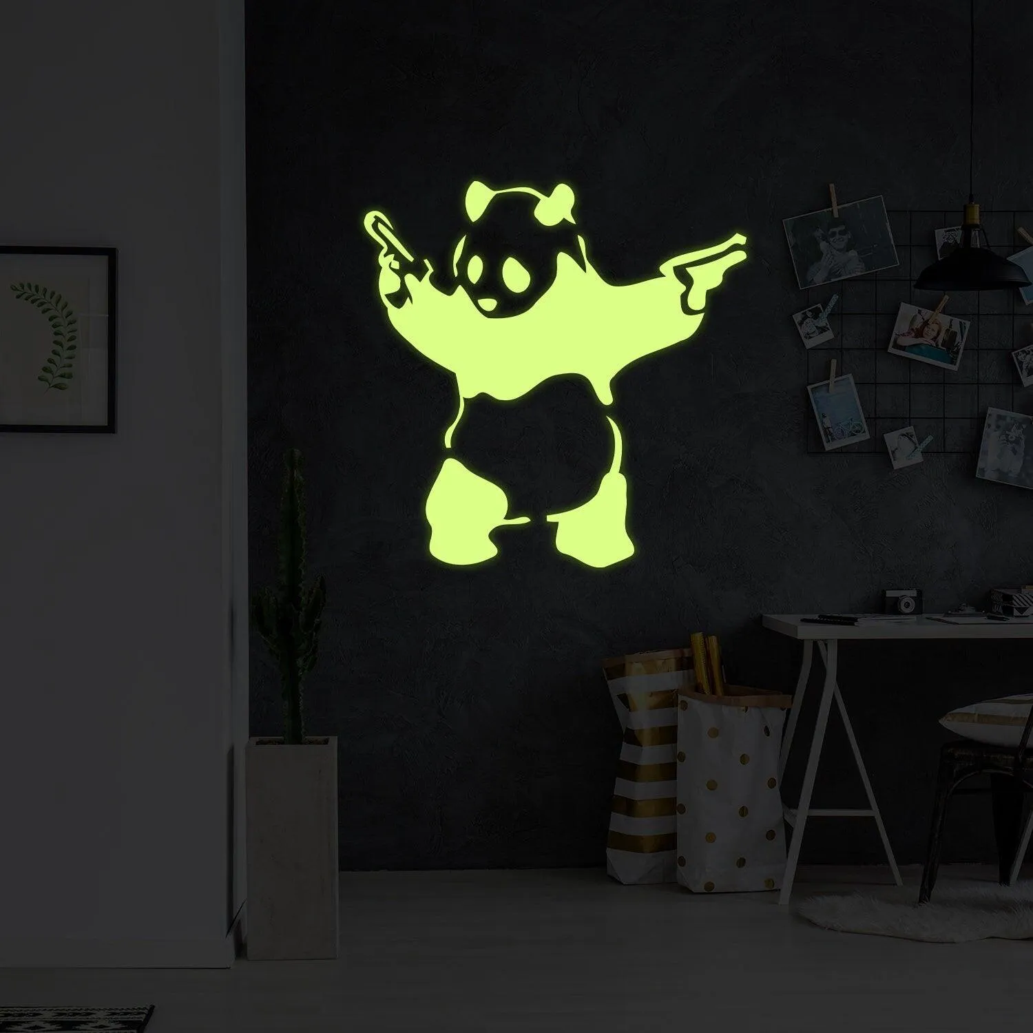 Glow In Dark Banksy Panda With Shooting Guns Wall Sticker - Night Glowing Graffiti Gun Bear Vinyl Decal