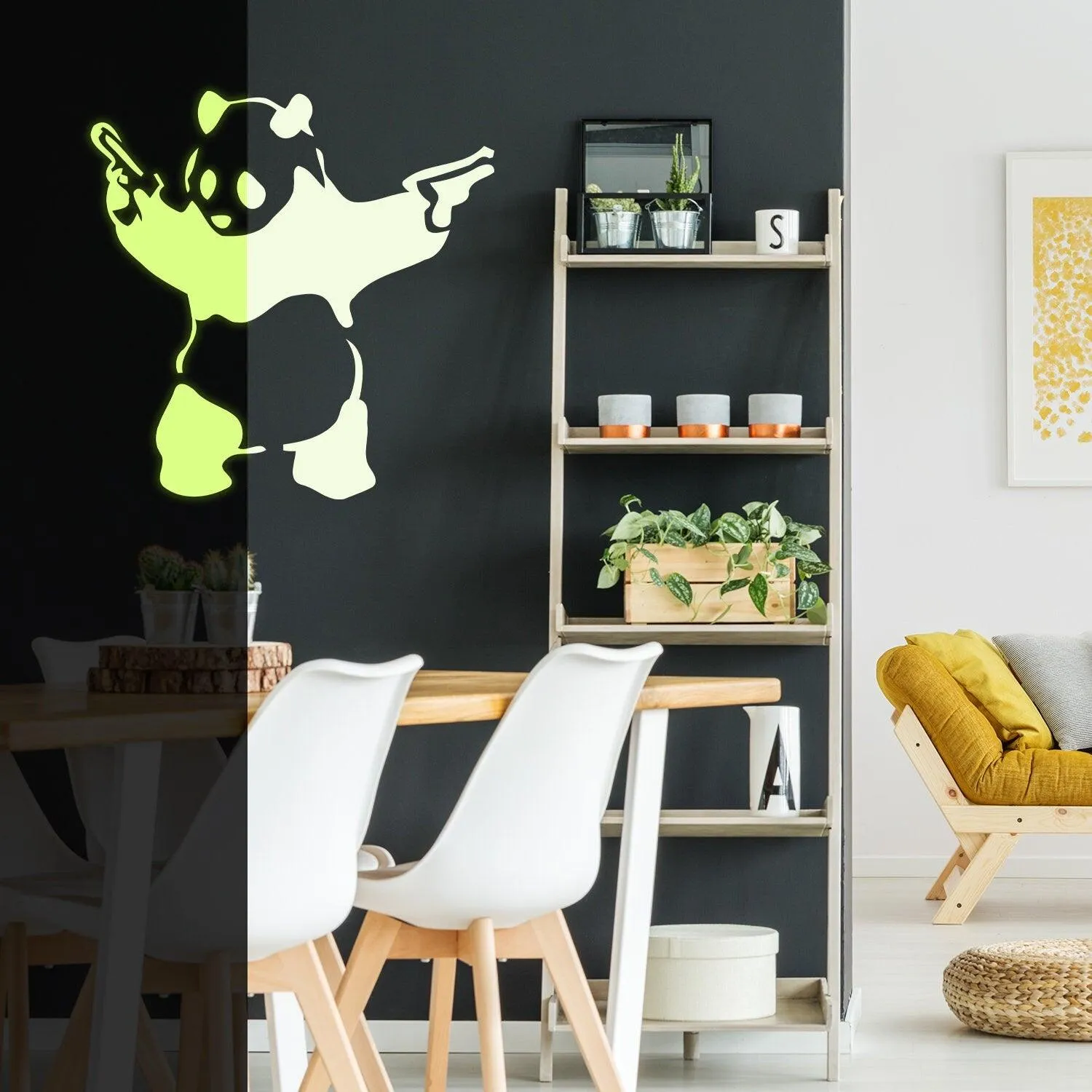 Glow In Dark Banksy Panda With Shooting Guns Wall Sticker - Night Glowing Graffiti Gun Bear Vinyl Decal