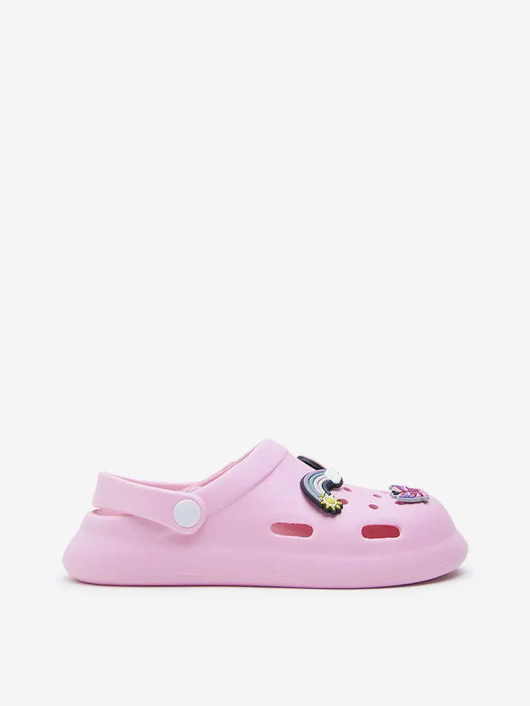 Yellow Kids Light Pink Applique-Design Clogs